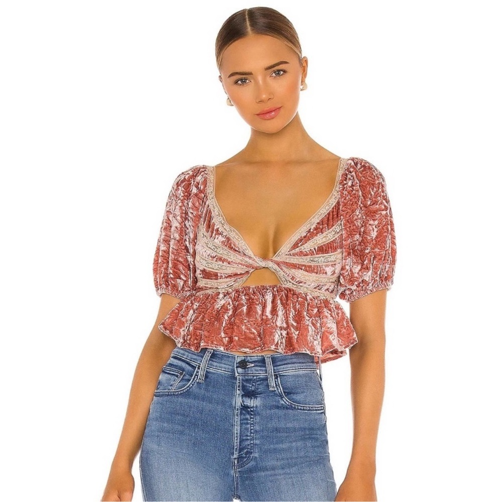 Free People Yours Truly Velvet Lace Cutout Puff Sleeve Top S $128 MSRP